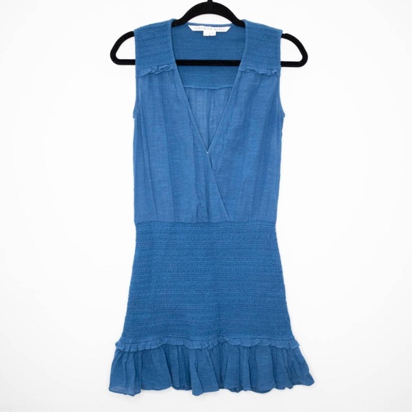 Veronica Beard Cox Smocked Mini Dress in Blue Gauze Cotton Size Small - Picture 3 of 8